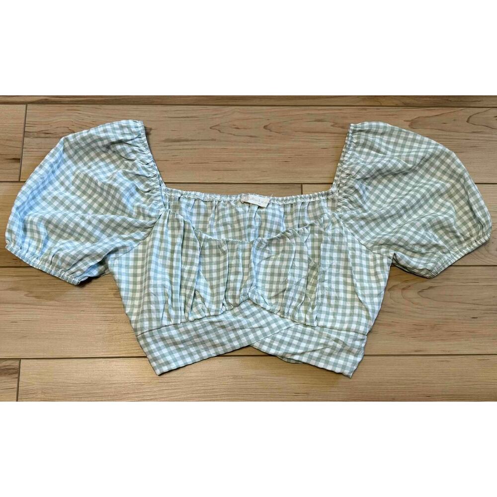 Altar'd State Green Gingham Prairie Cottagecore Milkmaid Puff Sleeve Crop Top